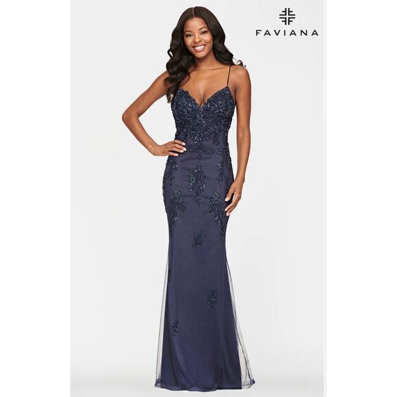 NEW NWT Faviana Glamour Applique Tulle Fitted V-Neck Gown Navy size 0 - Picture 1 of 7
